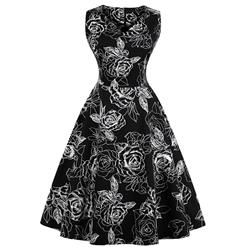 Women's Vintage Black Sleeveless V Neck Floral Print Midi Swing Summer Day Dress N16444