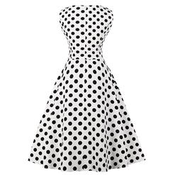 Women's Vintage White Sleeveless V Neck Polka Dot Print Midi Swing Summer Day Dress N16445