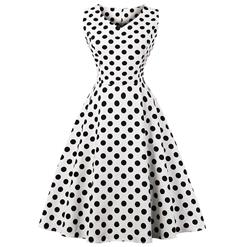 Women's Vintage White Sleeveless V Neck Polka Dot Print Midi Swing Summer Day Dress N16445