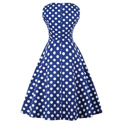 Women's Vintage Blue Sleeveless V Neck Polka Dot Print Midi Swing Summer Day Dress N16446