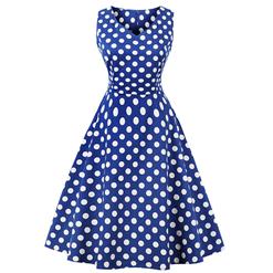 Vintage Sleeveless V Neck Midi Dress, Retro Polka Dot Print Swing Dress, Classical Sleeveless Printed Midi Dress, Women's Print Slim Fit Swing Dress, Elegant Polka Dot Print Party Dress, #N16446