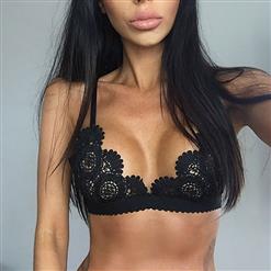 Sexy Charming Black Spaghetti Strap Hollow Out Crochet Lace Lingerie Bra N16471