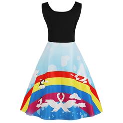 1950's Retro Vintage Sleeveless Scoop Neck Rainbow Print A-line Swing Day Dress N16495