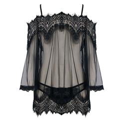 Charming Black Mesh Patchwork Sheer Smock Nightwear Lingerie Mesh Cover Up N16502