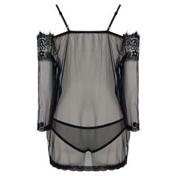 Charming Black Mesh Patchwork Sheer Smock Nightwear Lingerie Mesh Cover Up N16502