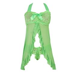 Sexy Green Ribbon Halter Lace Babydoll Lingerie Chemise N16549
