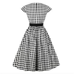 Vintage Cap Sleeve Bateau Neck Plaid Ruffled Midi Swing Party Dress N16564