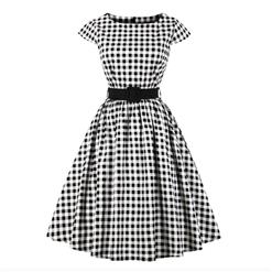 Vintage Cap Sleeve Bateau Neck Plaid Ruffled Midi Swing Party Dress N16564