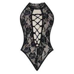 Sexy Black Halter Flower Lace Cut Out Lace-up Bodysuit Teddy Lingerie N16570