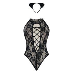 Sexy Black Halter Flower Lace Cut Out Lace-up Bodysuit Teddy Lingerie N16570