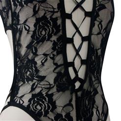 Sexy Black Halter Flower Lace Cut Out Lace-up Bodysuit Teddy Lingerie N16570