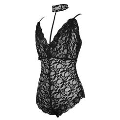 Sexy Black Halter Deep V Floral Lace Bodysuit Teddy Lingerie N16571