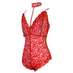 Sexy Red Halter Deep V Floral Lace Bodysuit Teddy Lingerie N16572