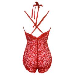 Sexy Red Halter Deep V Floral Lace Bodysuit Teddy Lingerie N16572