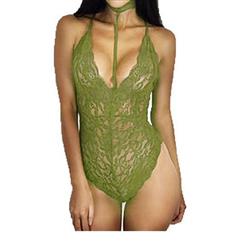 Sexy Army-Green Halter Deep V Floral Lace Bodysuit Teddy Lingerie N16574