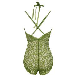 Sexy Army-Green Halter Deep V Floral Lace Bodysuit Teddy Lingerie N16574