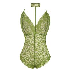 Sexy Army-Green Halter Deep V Floral Lace Bodysuit Teddy Lingerie N16574