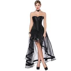 Fashion Black Victorian Satin Plastic Boned Overbust Corset High-low Organza Tutu Skirt Set N16578