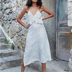 Vintage Spaghetti Strap V Neck Maxi Dress, Fashion Dot Printed Beach Dress, Casual Holiday Printed Maxi Dress, Women's Printed Beach Party Maxi Dress, Casual High Waist A-Line Dot Print Dress, Fashion Printed Pullover Long Dress, #N16667