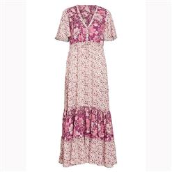 Casual Short Sleeve V Neck High Waist Ruffle Floral Print Maxi A-Line Dress N16700