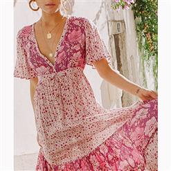 Casual Short Sleeve V Neck High Waist Ruffle Floral Print Maxi A-Line Dress N16700