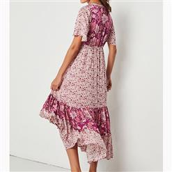 Casual Short Sleeve V Neck High Waist Ruffle Floral Print Maxi A-Line Dress N16700