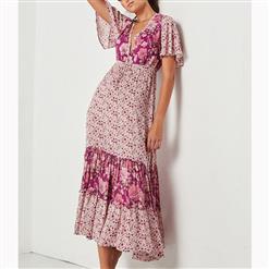 Casual Short Sleeve V Neck High Waist Ruffle Floral Print Maxi A-Line Dress N16700