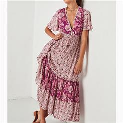 Casual Short Sleeve V Neck High Waist Ruffle Floral Print Maxi A-Line Dress N16700