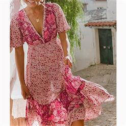 Casual Short Sleeve V Neck High Waist Ruffle Floral Print Maxi A-Line Dress N16700