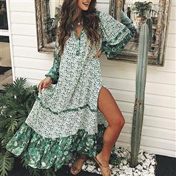 Vintage Long Sleeve High Slit Maxi Dress, Casual Floral Printed Beach Dress, Casual Holiday Printed Maxi Dress, Women's Printed Beach Party Long Dress, Casual Single-Breasted Printed Long Dress, Long Sleeve Ruffled High Slit Dress, Fashion Printed Pullover Long Dress, #N16701