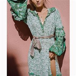 Casual Holiday Long Sleeve Ruffled Single-Breasted Floral Print Maxi Dress N16701