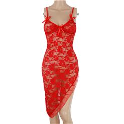 Sexy Red Sheer Floral Lace Irregular Gown with G-string N16807