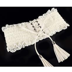 Fashion White Faux Leather Floral Lace Lace-up Elastic Wide Waist Belt N16942