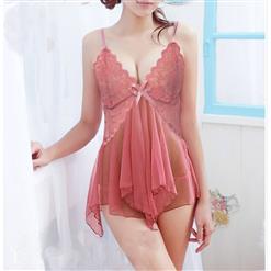 Sheer Mesh Babydoll, Pink Applique Mesh Babydoll, Mesh Sleepwear Dress Pink, See-through Mesh Babydoll Lingerie, Deep V Mesh Babydoll Lingerie, #N16947