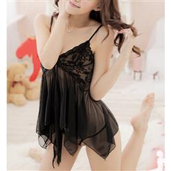 Black Deep V Irregular Applique Mesh Babydoll Lingerie Sleepwear Dress N16948