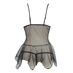 Black Deep V Irregular Applique Mesh Babydoll Lingerie Sleepwear Dress N16948