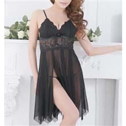 Black Deep V Split Sheer Mesh Babydoll Lingerie Sleepwear Dress N16981