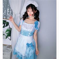 Lovely Maid Costume with Headwear, Adult Maid Cosplay Costume, Lovely Lolita Dress Costume, Maid Fancy Dress Cosplay Costume, Blue French Maid Halloween Costume, Short Sleeve Square Neck Midi Dress, #N17039