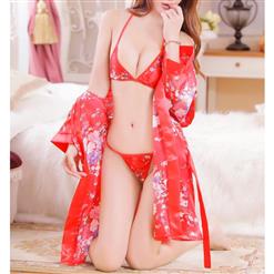 Sexy Red Satin Long Sleeve Floral Print Robe Lingerie with Bra and G-String N17071
