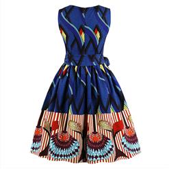 Elegant Vintage Sleeveless Round Neck Printed Midi A-Line Party Dress with Belt N17088