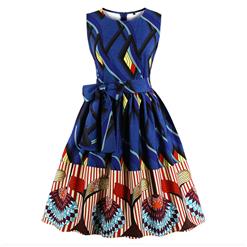 Elegant Vintage Sleeveless Round Neck Printed Midi A-Line Party Dress with Belt N17088