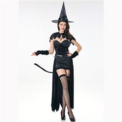 Black Witch Costume, Classical Witch Halloween Costume, Sexy Black Witch Dress Costume, Wicked Witch Masquerade Costume, Witch Halloween Cosplay Adult Costume, #N17090