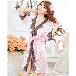 Fashion Pink Satin Half Sleeve Lace Trim Nightgown Sleepwear Robe N17129