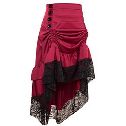 Vintage Gothic Wine-red High Waist Button Lace Trim Ruffled High-low Skirt N17137