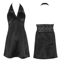 Sexy Black 2Pcs Halter V Neck Lace Patchwork Nightgown Bathrobe with Belt N17231