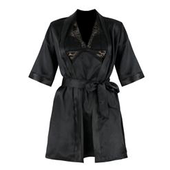 Sexy Black 2Pcs Halter V Neck Lace Patchwork Nightgown Bathrobe with Belt N17231