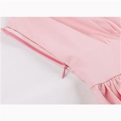 Casual Pink Sleeveless V Neck Ruffled Falbala Midi Summer Day Dress N17238