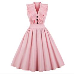 Casual Pink Sleeveless V Neck Ruffled Falbala Midi Summer Day Dress N17238