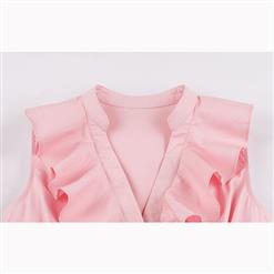 Casual Pink Sleeveless V Neck Ruffled Falbala Midi Summer Day Dress N17238