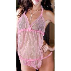 Pink V Neck Halter Backless Floral Lace Babydoll Sleepwear Lingerie with Panty N17296